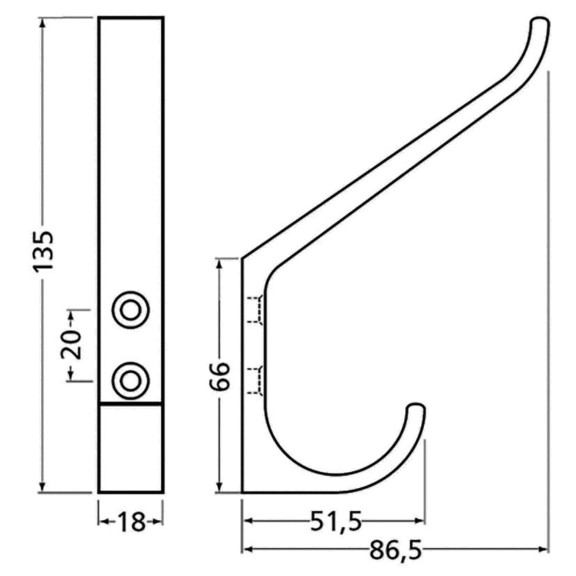 HERMETA Huthaken 0148 einfach – Aluminium eloxiert, Ausladung 86,5 mm, Höhe 135 mm