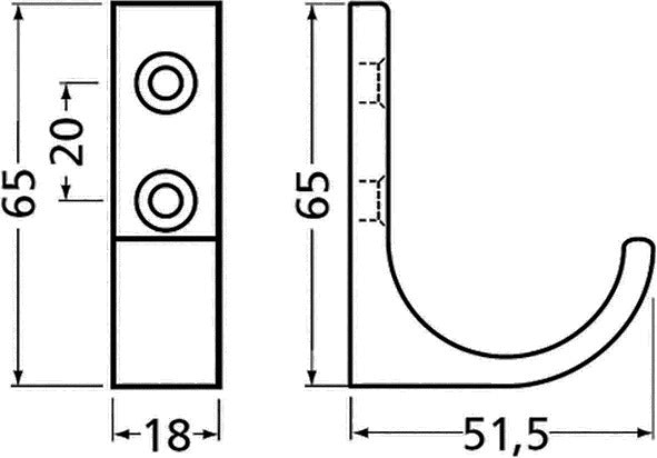 HERMETA Mantelhaken 0149 einfach, Aluminium eloxiert, Ausladung 51,5 mm, Höhe 65 mm