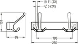 HERMETA Huthakenleiste 0822 – 2 Haken, Leichtmetall silberfarbig eloxiert, 96 mm Ausladung