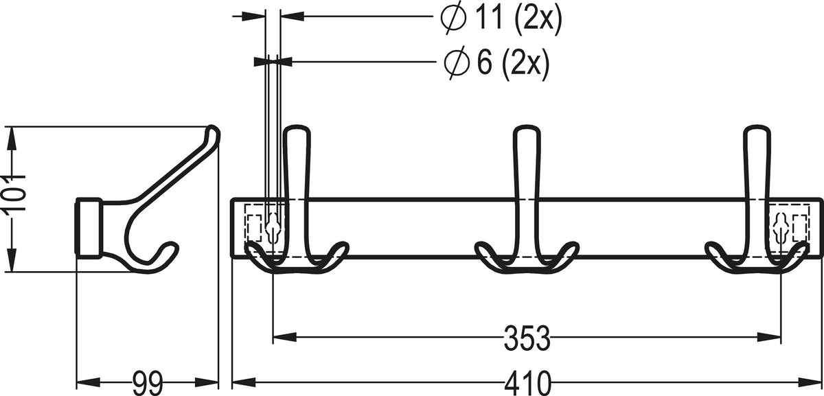 HERMETA Huthakenleiste 0822 – 2 Haken, Leichtmetall silberfarbig eloxiert, 96 mm Ausladung