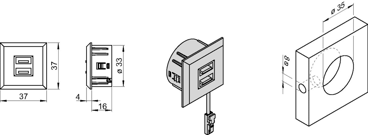 L&S USB Doppelsteckdose 12 V / 5 V, 1x2,1 A, ≥ 10,5 W – Einbau in Nischenrückwände, Schreibtische & Nachttische