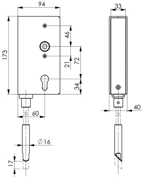 AMF Schlosskasten 140V DIN L/R, 40x94x173 mm, Dornmaß 60 mm, verzinkt