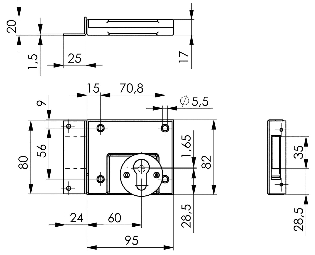 AMF Riegelschloss 49 mit Winkelschließblech, DIN L/R, Dornmaß 60 mm, verzinkt