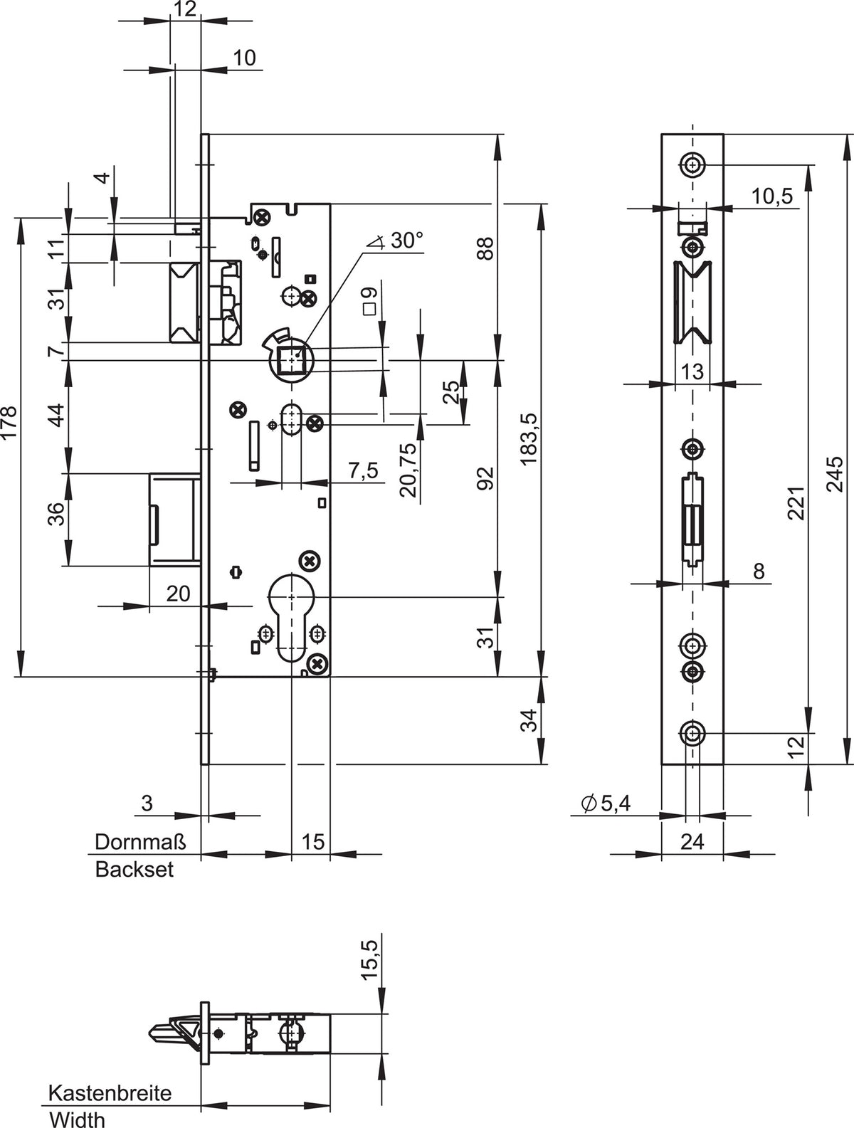 WILKA Panik-Einsteckschloss 7667 Fkt. E kantig 24x245 mm – selbstverriegelnd, EN 179/1125, RC2