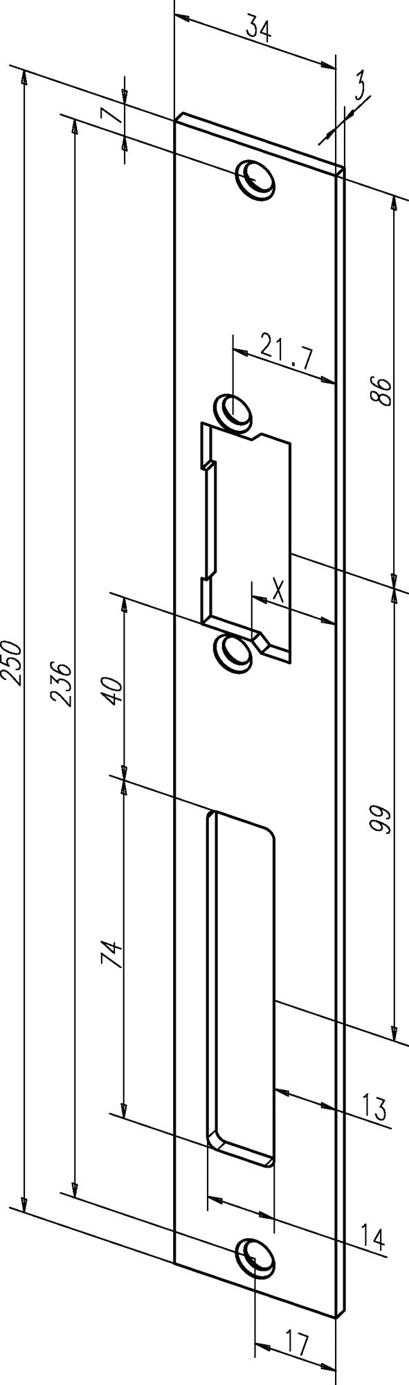 ASSA ABLOY Flachschließblech 94A Edelstahl matt käntig 34 x 250 mm DIN links/rechts