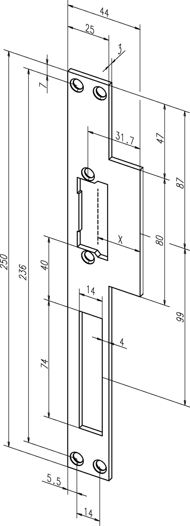 ASSA ABLOY Lappenschließblech 14C 44 x 250 mm DIN links/rechts käntig
