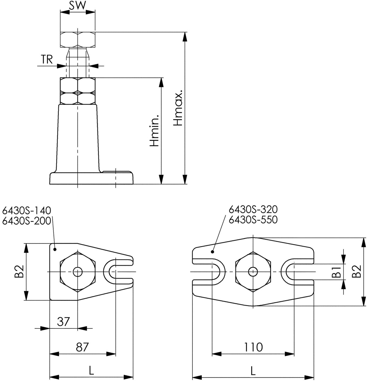 AMF Schraubbock Nr. 6430S Atlas Gr. 550 mit Gegenmutter, 320–550 mm, Tragfähigkeit 25 kN
