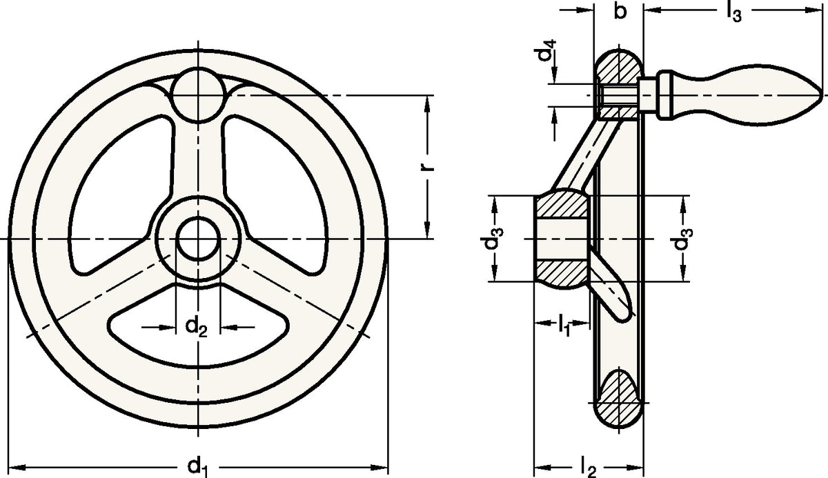 GANTER Handrad GN 950 b 15mm d1 100mm – Gusseisen mit Stahl-Ballengriffen, 3 Speichen
