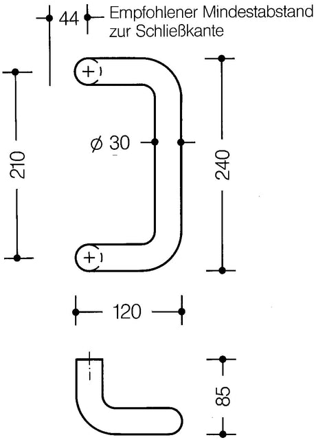 HEWI Stoßgriff 550.30GKLT System 111 – Winkelgriff aus Polyamid, 30 mm Ø, 210 mm Achsmaß, tiefschwarz matt