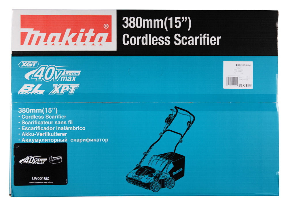 Makita Akku-Vertikutierer – 38 cm Arbeitsbreite, 50L Fangkorb & 2 Akku-Steckplätze - UV001GZ