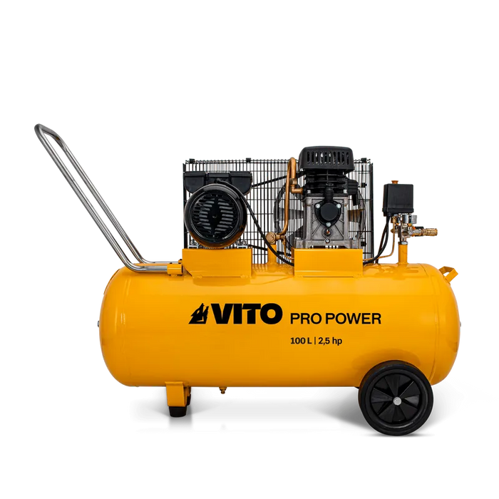 VITO Kompressor mit Riemenantrieb 100 L - 8 bar (12 max) / 2,5 PS / 1900W, 1400 U/min, 233 L/min - inkl. Druckminderer, 2 Manometer, 2 Schnellkupplungen, vibrationsgedämpfte Standfüße, Haltebügel, Sicherheitsventil, Ein/Aus-Schalter - Pro Power - VICOC100