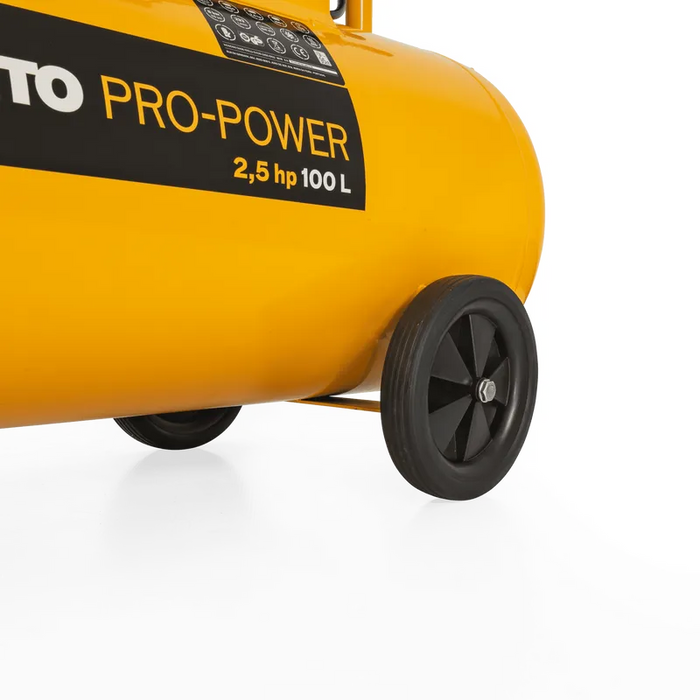 VITO Kompressor mit Riemenantrieb 100 L - 8 bar (12 max) / 2,5 PS / 1900W, 1400 U/min, 233 L/min - inkl. Druckminderer, 2 Manometer, 2 Schnellkupplungen, vibrationsgedämpfte Standfüße, Haltebügel, Sicherheitsventil, Ein/Aus-Schalter - Pro Power - VICOC100