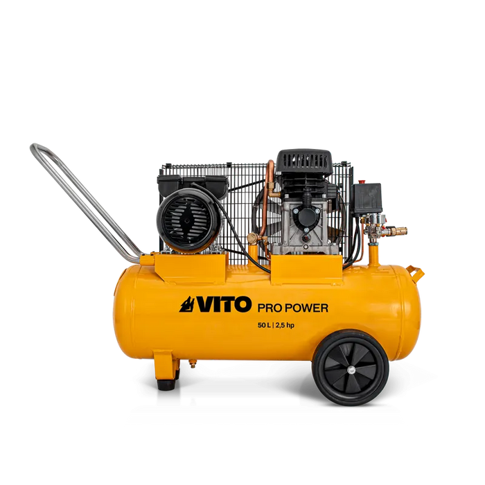 VITO Kompressor mit Riemenantrieb 50 L - 8 bar (12 max) / 2,5 PS / 1900W, 1400 U/min, 233 L/min - inkl. Druckminderer, 2 Manometer, 2 Schnellkupplungen, vibrationsgedämpfte Standfüße, Haltebügel, Sicherheitsventil, Ein/Aus-Schalter - Pro Power - VICOC50