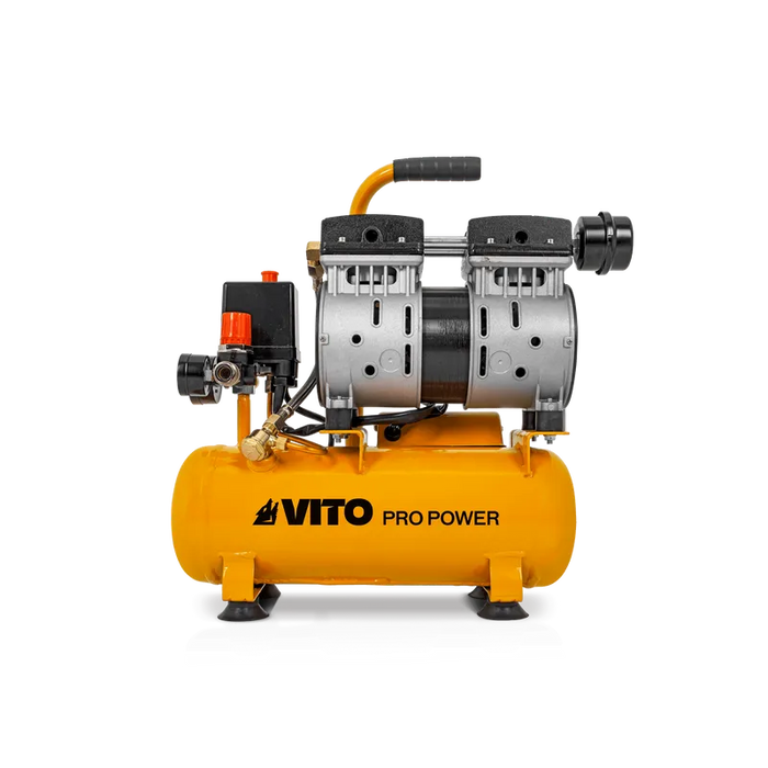 VITO Flüsterkompressor 6 Liter 500W Silent 8bar/115psi, 52-57dB(LpA) - ölfrei, wartungsfrei, leise - Luftkompressor, Kompressor - geräuscharmer Motor, Ein-/Aus-Schalter, Wärmeschutz - Pro Power - VICSOS6