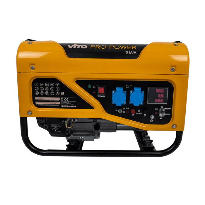 VITO Einphasiger Generator 2700 Watt 3kVA AVR 6.5PS, 16A, 2x230V, 42kg - Benzin-Stromerzeuger - manueller Motorstart, Schutzschalter, Wärmeschutz, Erdungsklemme, LED, automatischer Spannungsregler - Pro Power - VIG38L