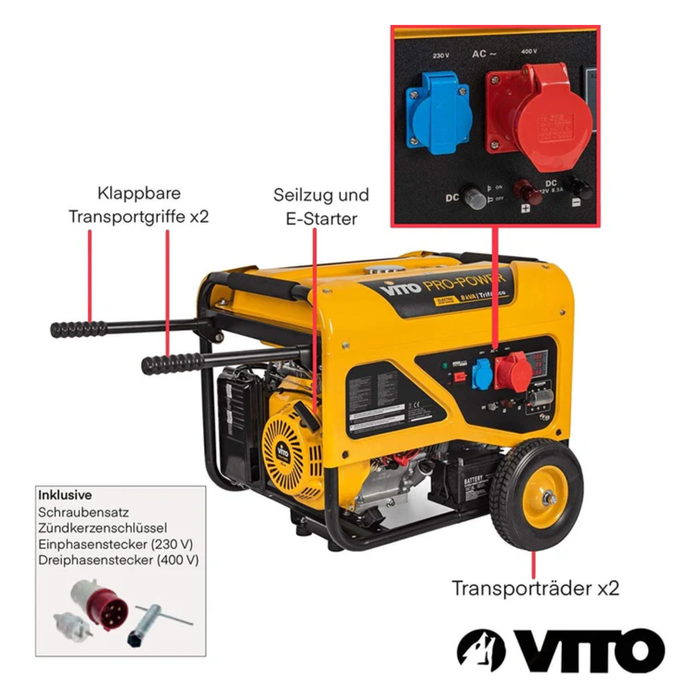 VITO Benzin Stromerzeuger 400V 6.5KW AVR Generator 25L Tank E-Starter