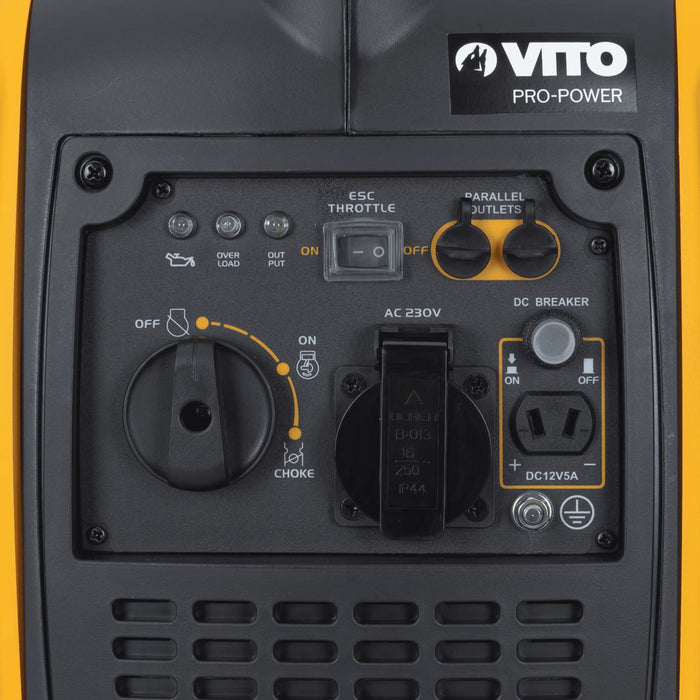 VITO Benzin Inverter 1250W - 230V, 4-Takt-Motor, 1,5 PS - geringes Gewicht, AC- und DC-Ausgang, sparsam, ergonomisch, einfacher Start - Pro Power - VIGI1250