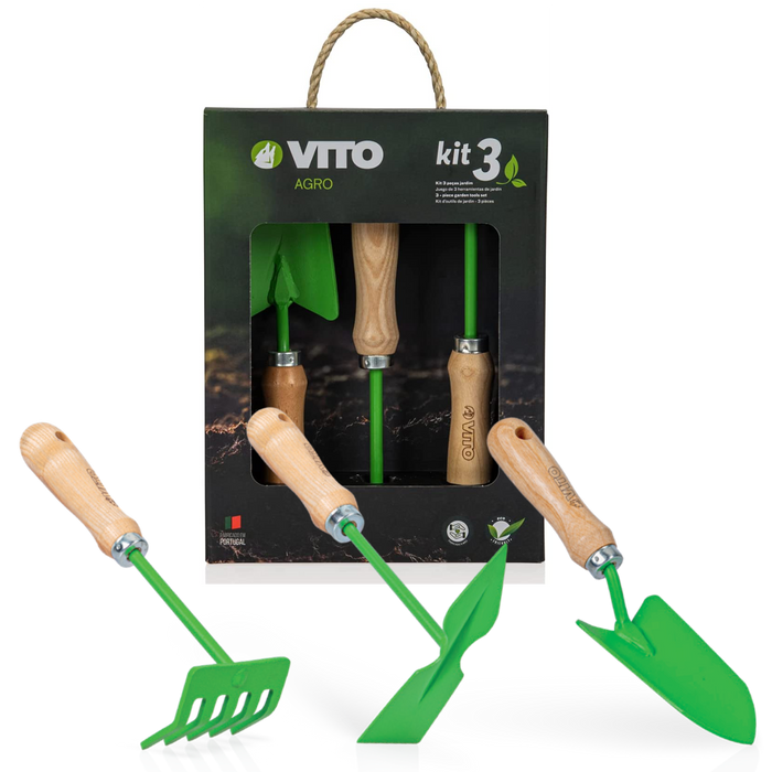 VITO Gartenwerkzeug Set - 3 Teile: Handkralle, Gartenhäckchen, Blumenkelle - Vintage Kollektion - hochwertig aus Stahl, pulverbeschichtet, Griff aus Buchenholz - traditionell handgeschmiedet in Portugal - Garden - VIC3DMS