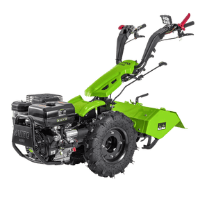 A bright green VITO petrol-powered tiller or walking tractor with a large front tire, a powerful engine, and adjustable handlebars. This type of garden and agricultural machine is available on Tools.de.