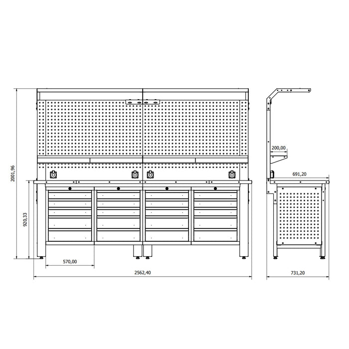 TOOLBOX4YOU Profi Werkbank mit Schubladen 2500 mm lang, 730 mm tief - WBG06