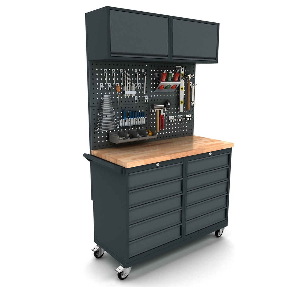 TOOLBOX4YOU Fahrbare Werkbank mit Rückwand und Hängeschränken 2x 5 Schubladen, 124 cm lang, 55 cm tief - Modell WBG124M06
