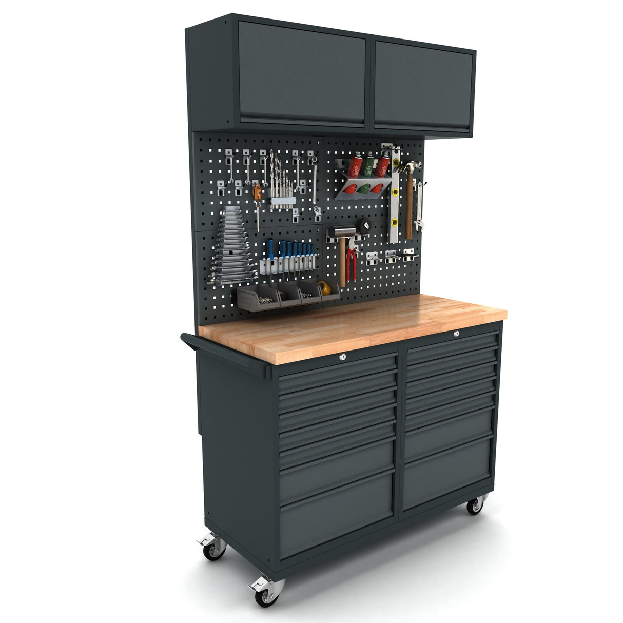 TOOLBOX4YOU Fahrbare Werkbank mit Rückwand und Hängeschränken 2x 7 Schubladen, 124 cm lang, 55 cm tief - Modell WBG124M09