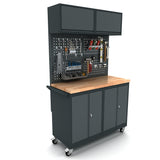 TOOLBOX4YOU Fahrbare Werkbank mit Rückwand und Hängeschränken 2x 2 Türen - Schrank, 124 cm lang, 55 cm tief - Modell WBG124M12