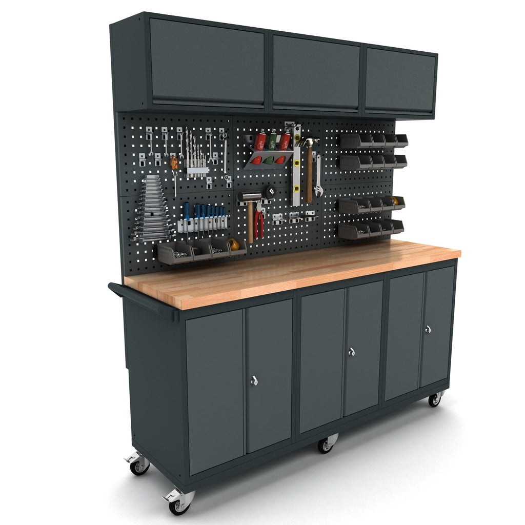 TOOLBOX4YOU 186cm Fahrbare Werkbank 3x 2 Türen mit Lochwand und Hängeschränken - WBG186M12