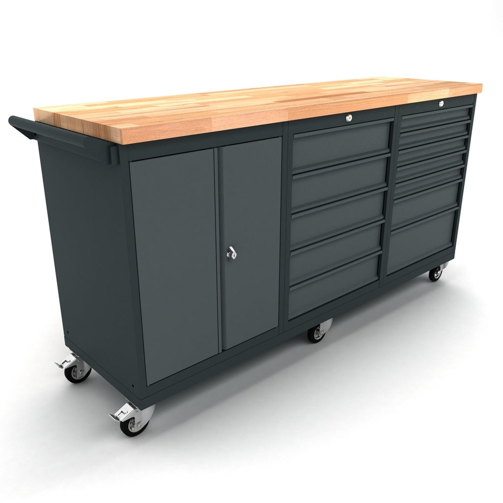 TOOLBOX4YOU 186cm Mobile Werkbank fahrbar mit 2 Türenschrank, 1x 5, 1x 7 Schubladenschrank - WBG186M13