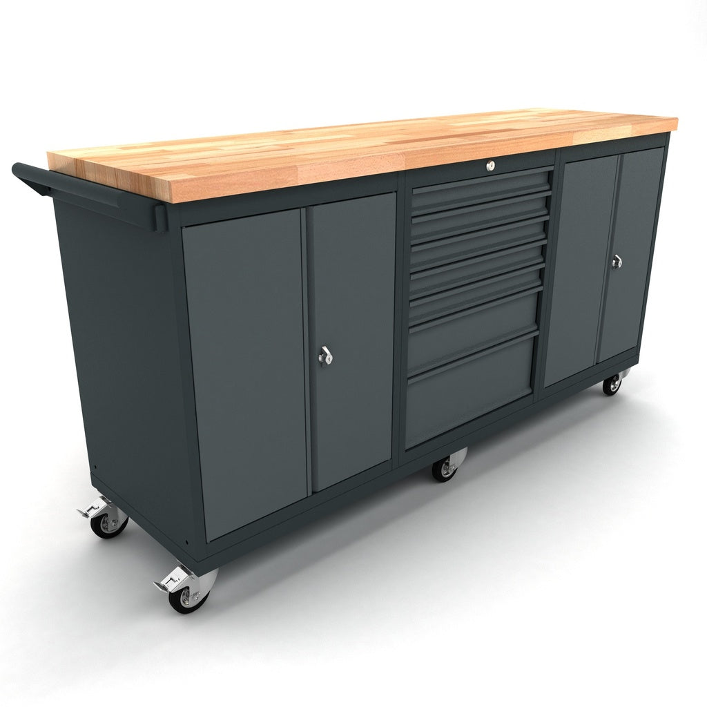 Bullram TOOLBOX4YOU Mobile Profi Werkbank auf Rollen mit 2x 2 Türenschrank, 1x 7 Schubladenschrank, 186cm - WBG186M16