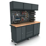 TOOLBOX4YOU 186cm Profi Werkbank auf Rollen mit Rückwand und Hängeschrank, 2x 2 Türenschrank, 1x 7 Schubladenschrank - WBG186M18