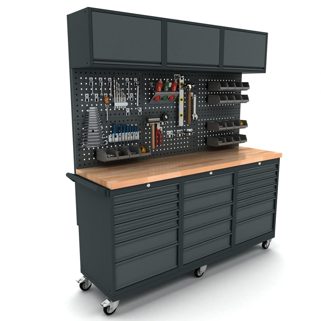 TOOLBOX4YOU 186cm Mobile Werkbank auf Rollen, Werkbank fahrbar 2x 7, 1x 5 Schubladenschrank,  Werkbank mit Rückwand und Hängeschrank - WBG186M21