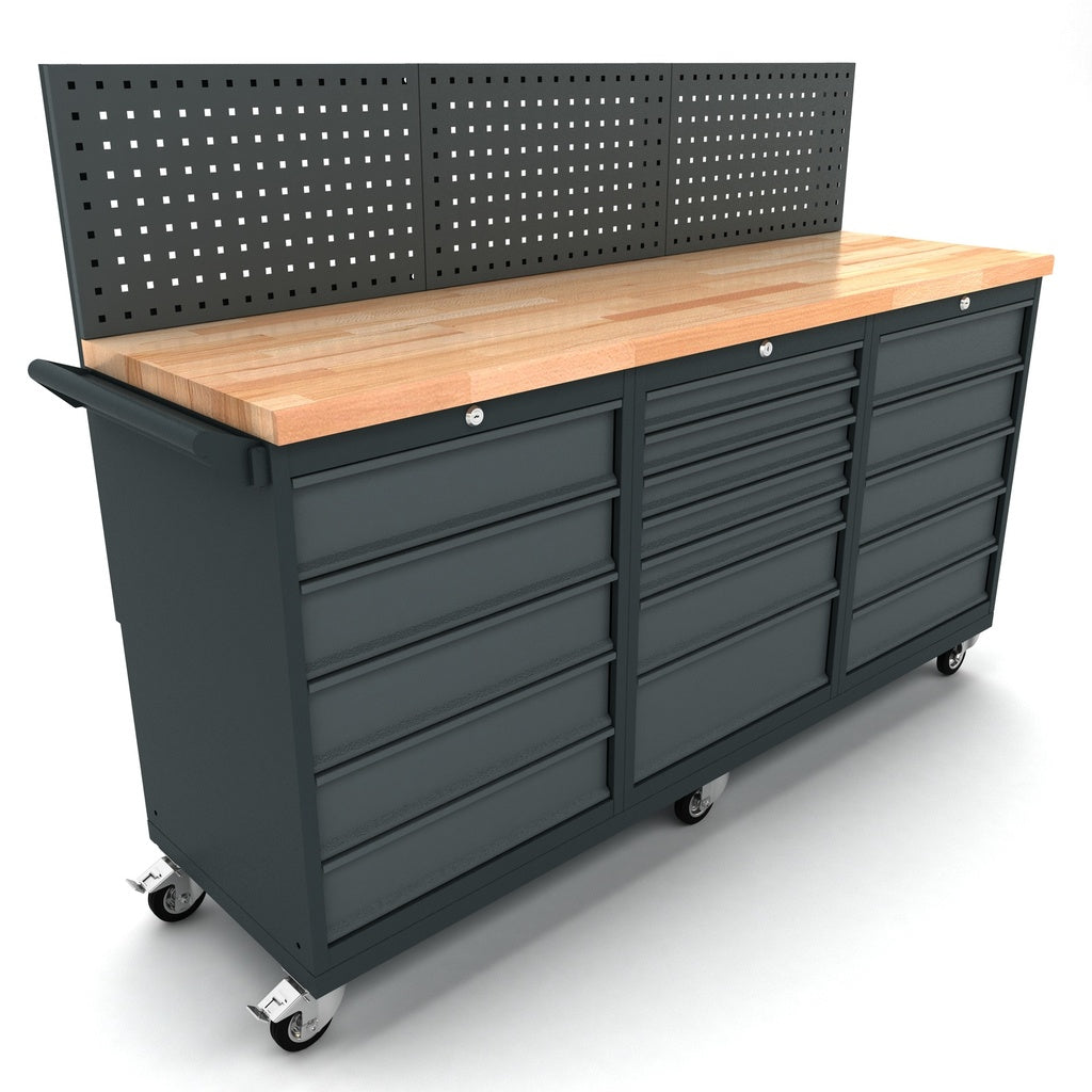 TOOLBOX4YOU 186cm Mobile Profi Werkbank mit Lochwand fahrbar 2x 5, 1x 7 Schubladenschrank, Werkbank auf Rollen - WBG186M23