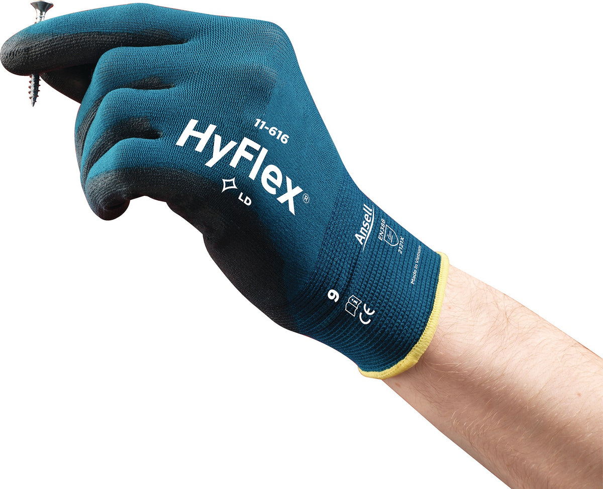 Handschuhe HyFlex® 11-616 von ANSELL – EN 388:2016, PSA Kat. II, 12 Paar, Gr. 8, grünblau/schwarz