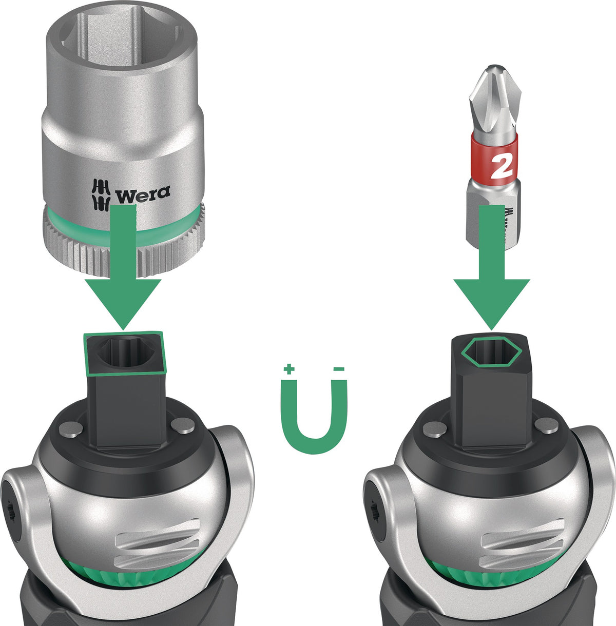 WERA Schwenk- und Umschaltknarre 8009 Zyklop Pocket Set 1 – 3/8″ + 1/4″ mit 72 Zähnen und Bit-Magazin