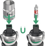 WERA Schwenk- und Umschaltknarre 8009 Zyklop Pocket Set 1 – 3/8″ + 1/4″ mit 72 Zähnen und Bit-Magazin