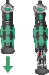WERA Schwenk- und Umschaltknarre 8009 Zyklop Pocket Set 1 – 3/8″ + 1/4″ mit 72 Zähnen und Bit-Magazin