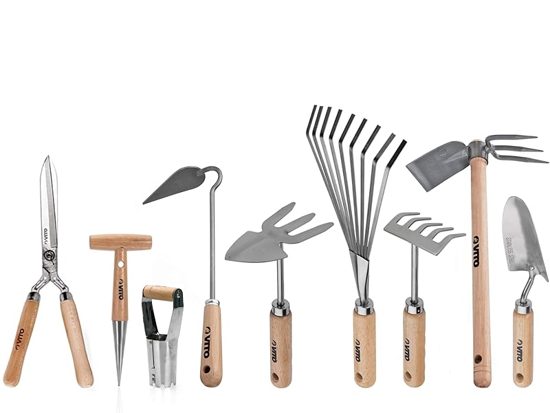 VITO Gartenwerkzeug-Set - Stahlwerkzeuge mit Holzgriffen - 9-teilig