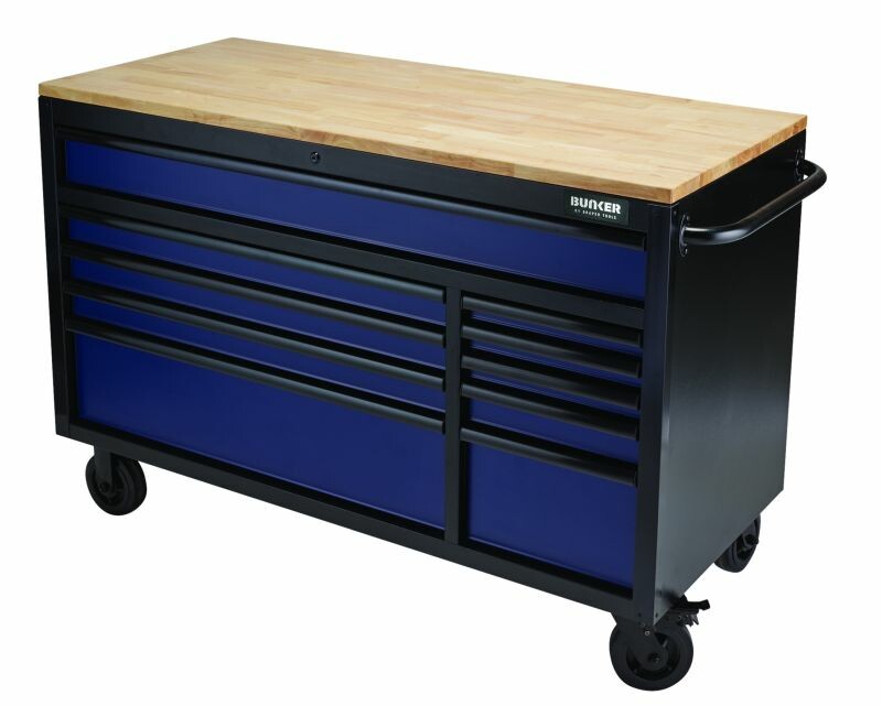 BUNKER Profi Werkbank 56 Zoll, 155 cm - Blau - Werkbank mit Schubladen - 10 - Werkbank mit Rollen - D08237