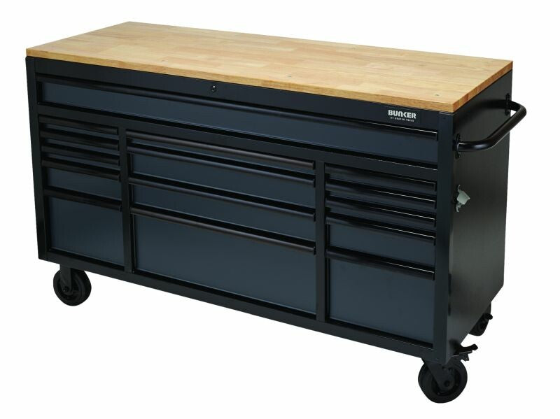 BUNKER Profi Werkbank 61 Zoll (155 cm) Grau - Werkbank mit Rollen - Werkbank mit Schubladen 15 - D08238