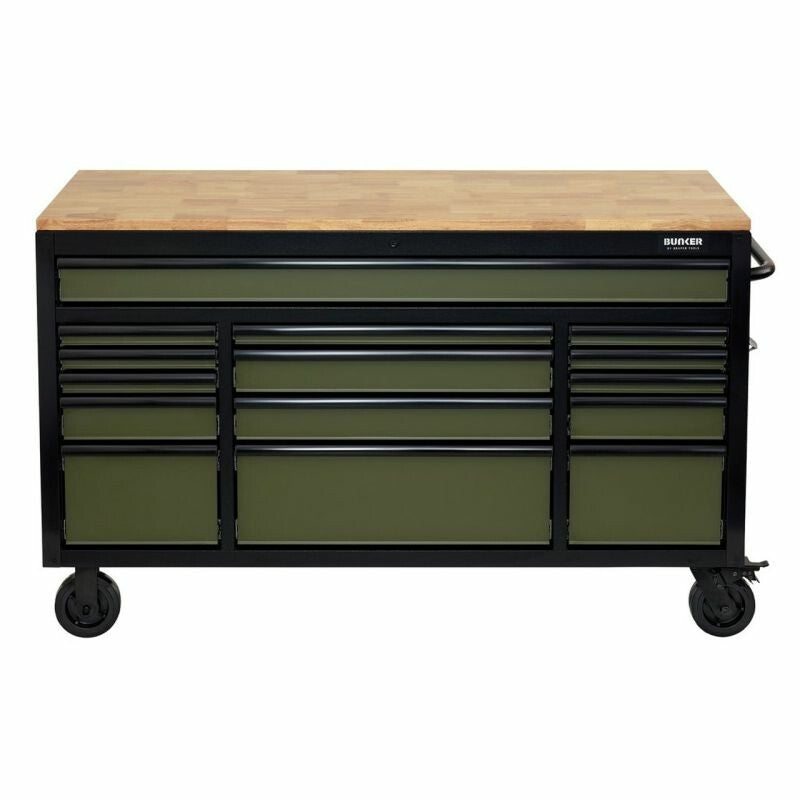 BUNKER Profi Werkbank mit Schubladen 61 Zoll, 155 cm - Grün - Werkbank mit Rollen - 15 Schubladen - D10368
