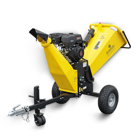 Petrol-powered BAMATO Wood Shredder HACK-120 with 9.0 kW engine, capable of shredding branches up to 150 mm diameter, featuring large feeding hopper, rotary discharge chute, transport wheels, trailer coupling, and included protective tarpaulin for weather protection.