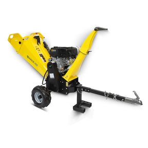 Powerful petrol wood chipper with tow bar and high-capacity shredding system for garden waste, professional outdoor equipment available at Tools.de