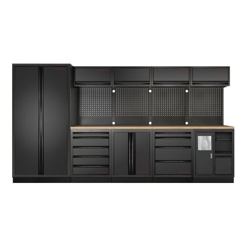 KRAFTWERK MOBILIO 5-Element-Schrankwand – Werkstatt-Komplettsystem mit Buche-Arbeitsplatte & Vierkant-Lochwand - KW-3964H-BLK