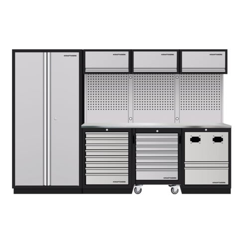 KRAFTWERK MOBILIO 4er Komplett-Kombi – Edelstahl-Werkbank mit 8 Schubladen, Hochschrank & Lochwand - KW-3964KIX