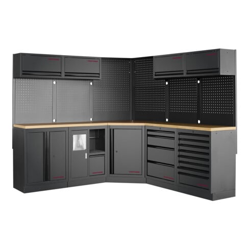 KRAFTWERK MOBILIO BLK 5er Eck-Kombi – Werkstatt-Komplettlösung mit Buche-Arbeitsplatte & 13 Schubladen - KW-3964O-BLK