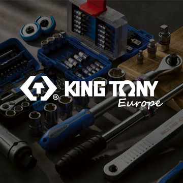 A collection of professional tools from King Tony Europe, including a variety of wrenches, sockets, and a ratchet set, neatly organized in blue plastic cases, with the King Tony logo prominently displayed.