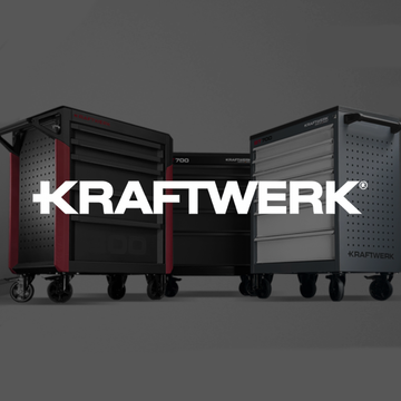 Tools.de Kraftwerk professional tool trolleys in black and silver with multiple drawers for workshop storage.