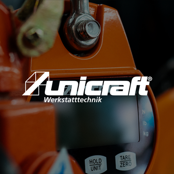 Unicraft Werkstatttechnik logo displayed on an orange industrial tool – featured brand on Tools.de.