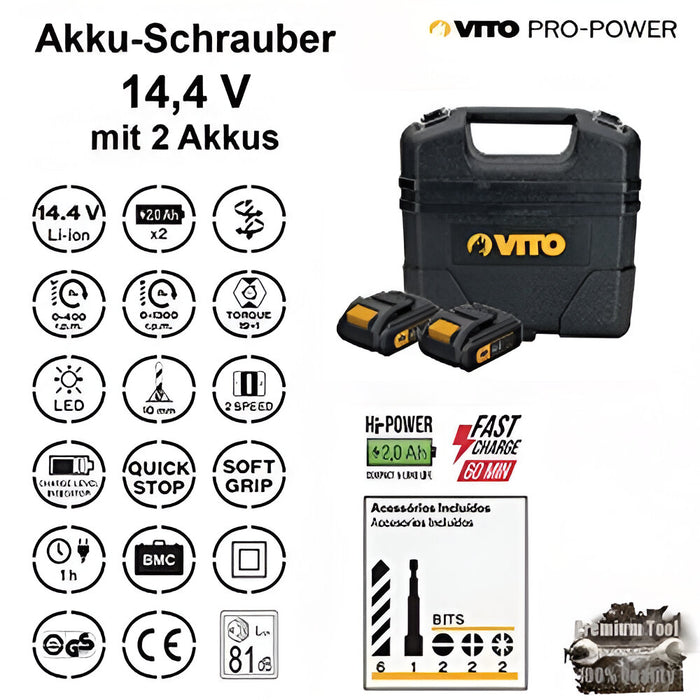 VITO Akku-Schlagbohrschrauber 14,4V - Schlagschrauber, Bohrer - Set mit Koffer, Ladegerät und Akkus